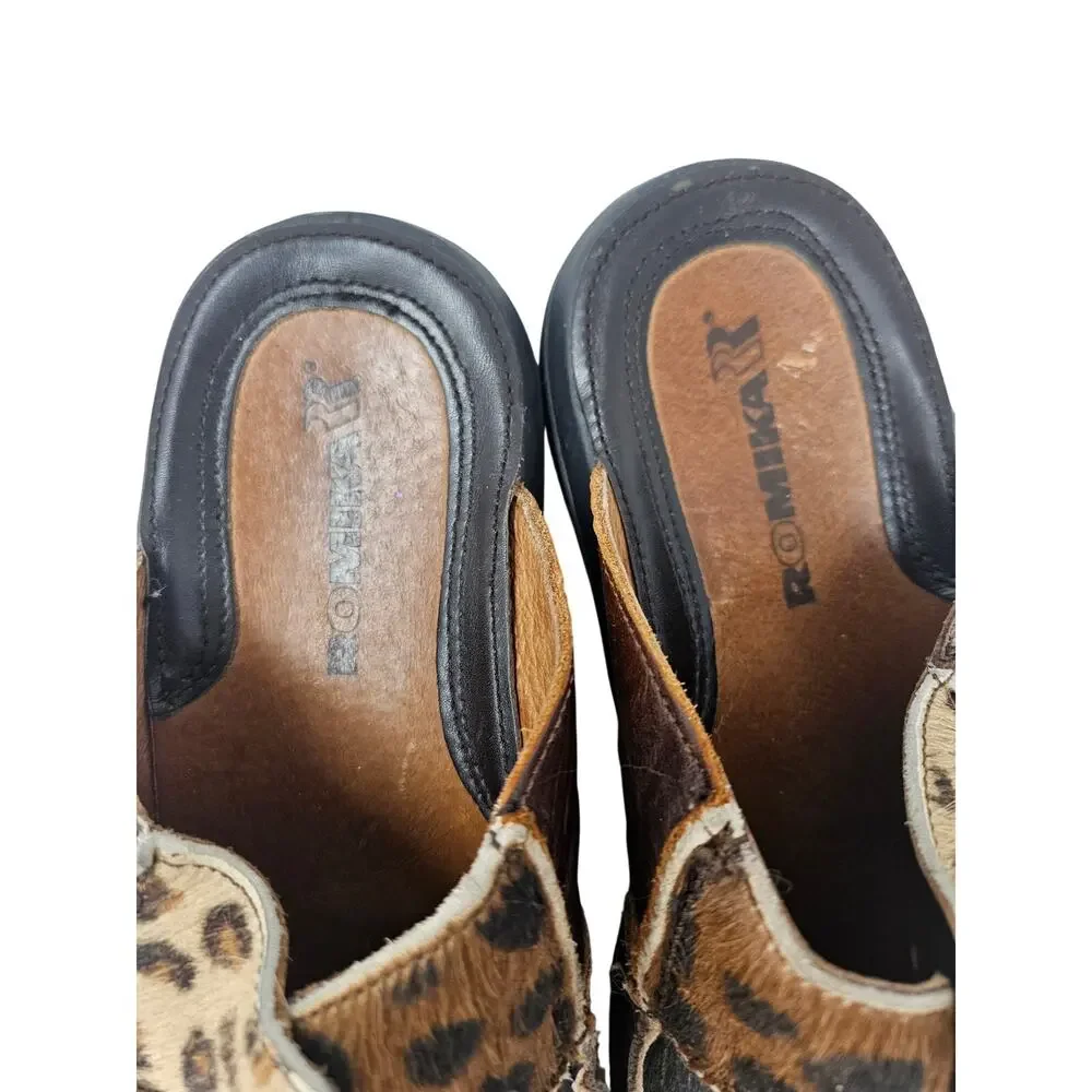 Romika 40 Brown Calf Hair Patchwork Animal Print Chunky Clog Mule Grunge Whimsy